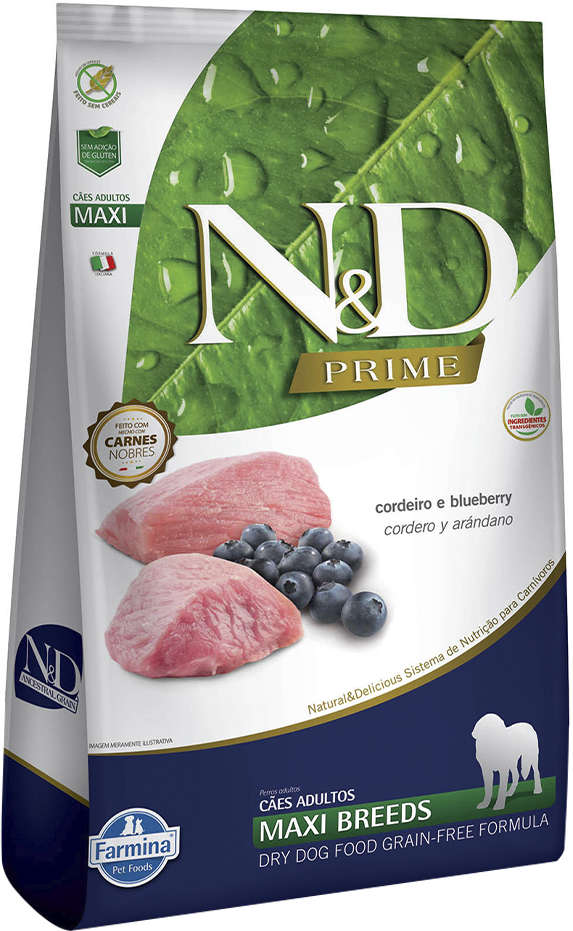N&D Prime para Cães Adultos Porte Grande Sabor Cordeiro e Blueberry Adult Maxi 10,1kg