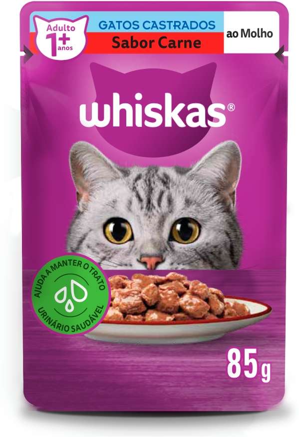 Ração Úmida Whiskas Sachê Carne ao Molho para Gatos Adultos Castrados