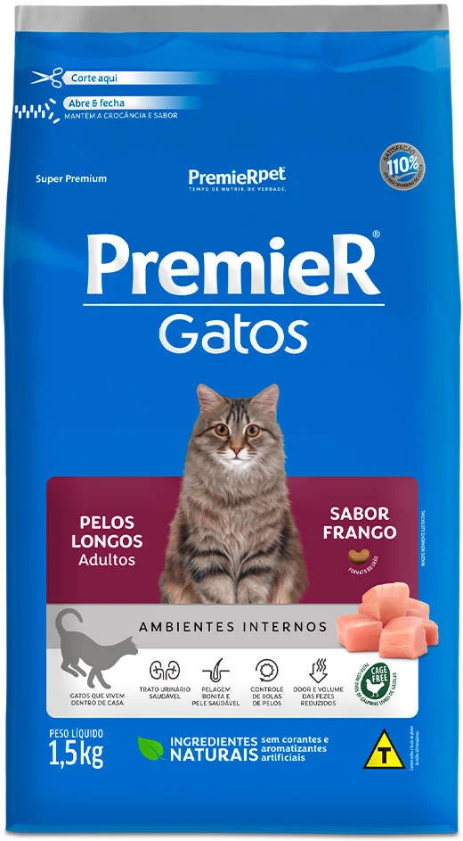 PremieR Ambientes Internos para Gatos Pelos Longos Adultos Sabor Frango 1,5kg