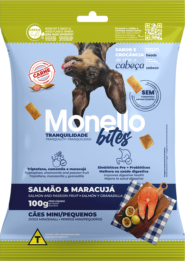Petisco Mon Bites Monello Tranquilidade para Cães Adultos Raças Mini e Pequena sabor Salmão e Maracujá
