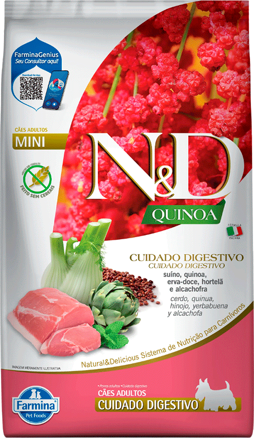 N&D Quinoa Digestion para Cães Adultos Porte Pequeno Cuidado Digestivo Sabor Suíno 800g