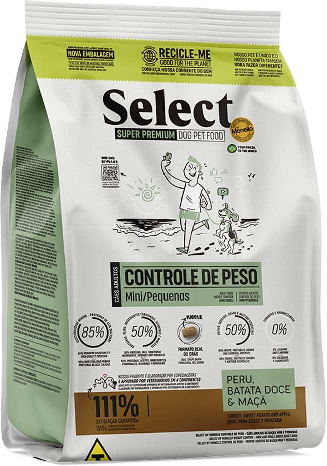 Ração Seca Select by Monello Controle de Peso Peru, Batata Doce e Maçã para Cães Porte Mini e Pequeno