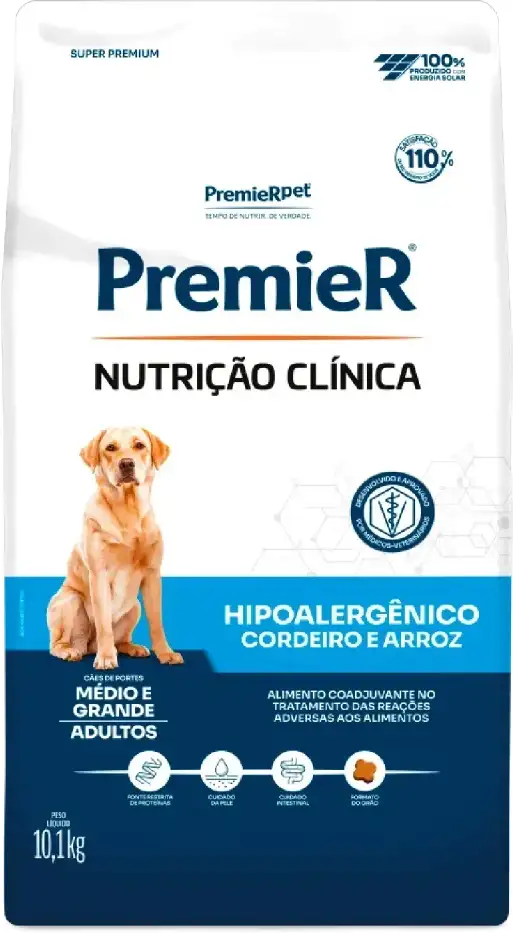 PremieR Nutrição Clínica Hipoalergênico Sabor Cordeiro e Arroz para Cães Adultos Porte Médio e Grande 10,1kg