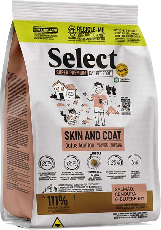 Ração Seca Select by Monello Skin and Coat Salmão, Cenoura e Blueberry para Gatos