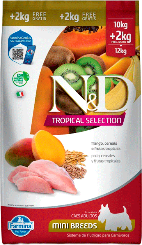 N&D Tropical Selection para Cães Adultos Porte Pequeno Sabor Frango Adult Mini 10kg + 2kg