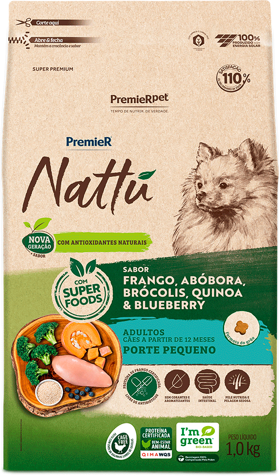 PremieR Nattu para Cães Adultos Porte Pequeno Sabor Frango, Abóbora, Brócolis, Quinoa e Blueberry 1kg