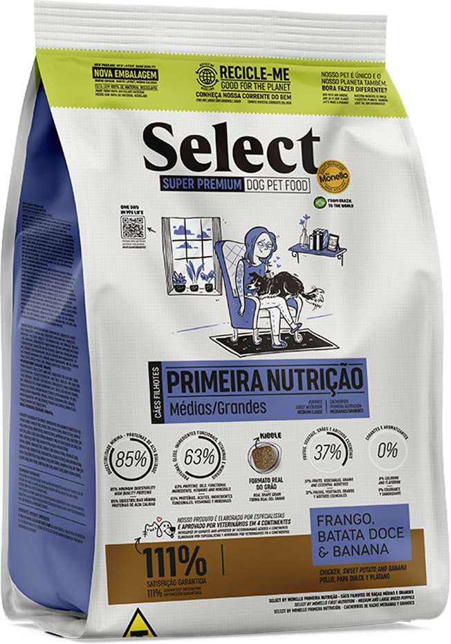 Ração Seca Select by Monello Primeira Nutrição Frango, Cenoura e Banana para Cães Filhotes Porte Médio e Grande