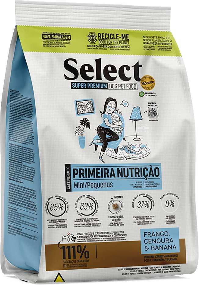 Ração Seca Select by Monello Primeira Nutrição Frango, Cenoura e Banana para Cães Filhotes Porte Mini e Pequeno