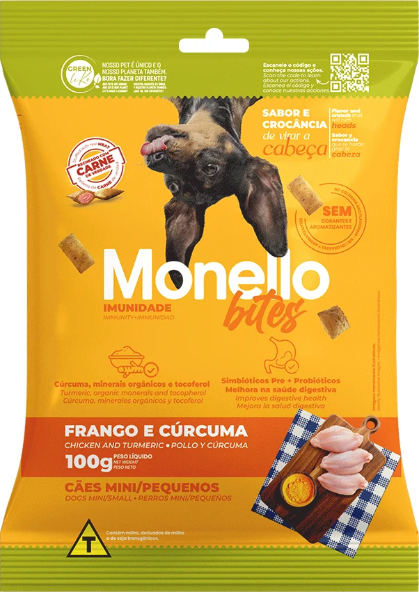 Petisco Mon Bites Monello Imunidade para Cães Adultos Raças Mini e Pequena sabor Frango e Cúrcuma