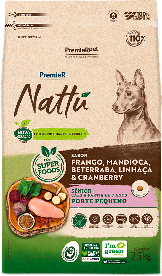 PremieR Nattu para Cães Sênior Porte Pequeno Sabor Frango, Mandioca, Beterraba, Linhaça e Cranberry 2,5kg