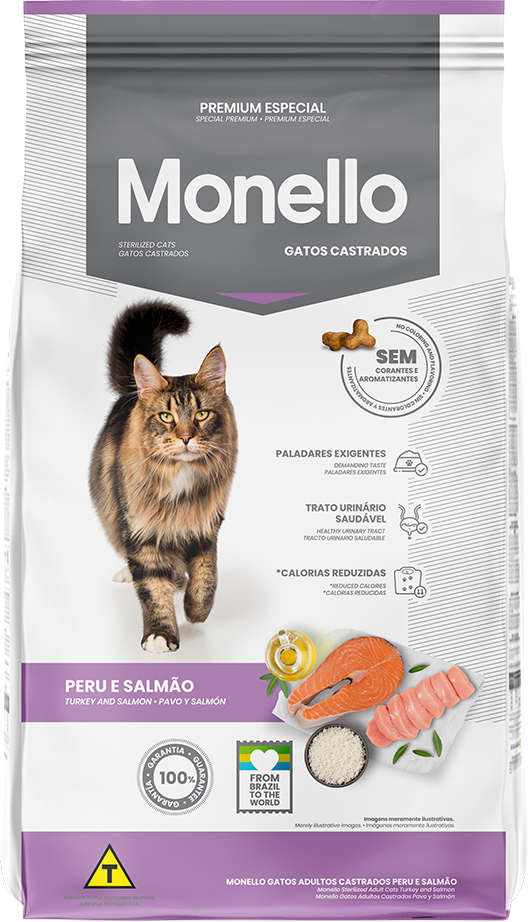 Ração Seca Monello Peru e Salmão para Gatos Adultos Castrados