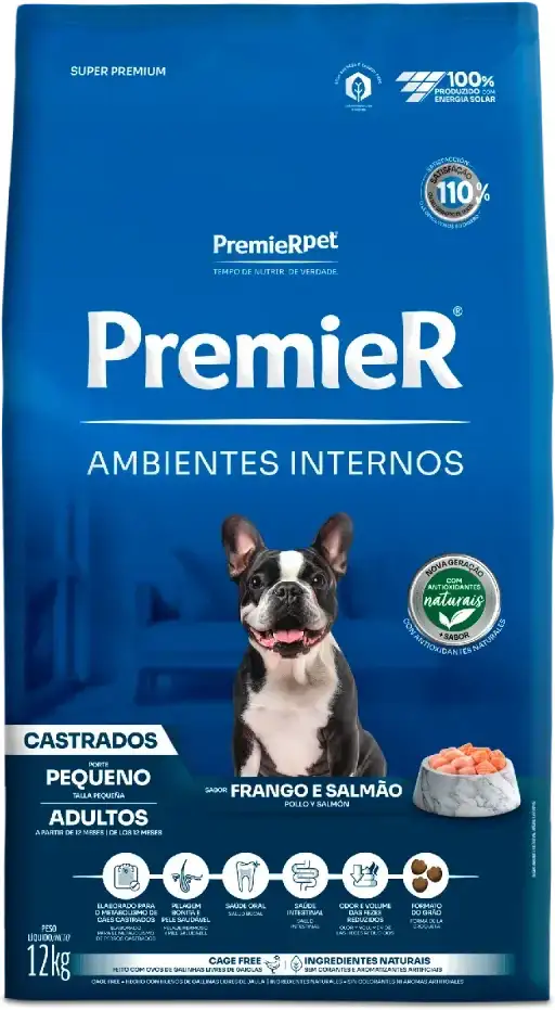 PremieR Ambientes Internos para Cães Adultos Castrados Porte Pequeno Sabor Frango e Salmão 12kg