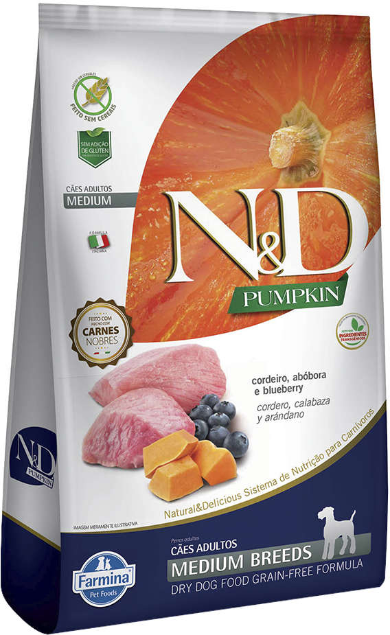 N&D Pumpkin para Cães Adultos Porte Medio Sabor Cordeiro, abóbora e blueberry Adult Medium 2,5kg