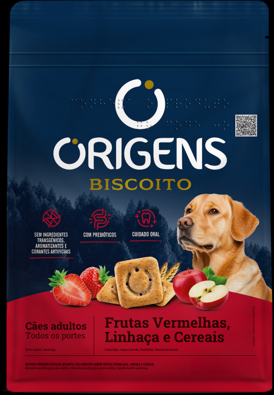 Biscoito Origens para Cães Adultos de Porte Médio e Grande Sabor Frutas Vermelhas, Linhaça e Cereais