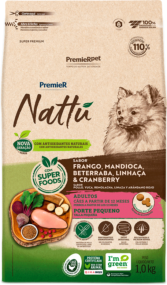 PremieR Nattu para Cães Adultos Porte Pequeno Sabor Frango, Mandioca, Beterraba, Linhaça e Cranberry 1kg