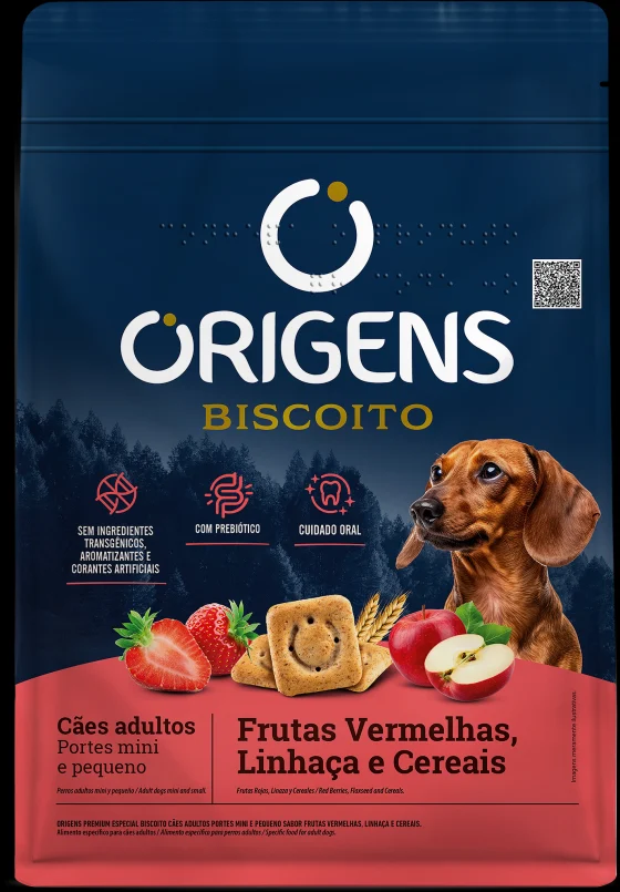 Biscoito Origens para Cães Adultos de Porte Mini e Pequeno Sabor Frutas Vermelhas, Linhaça e Cereais
