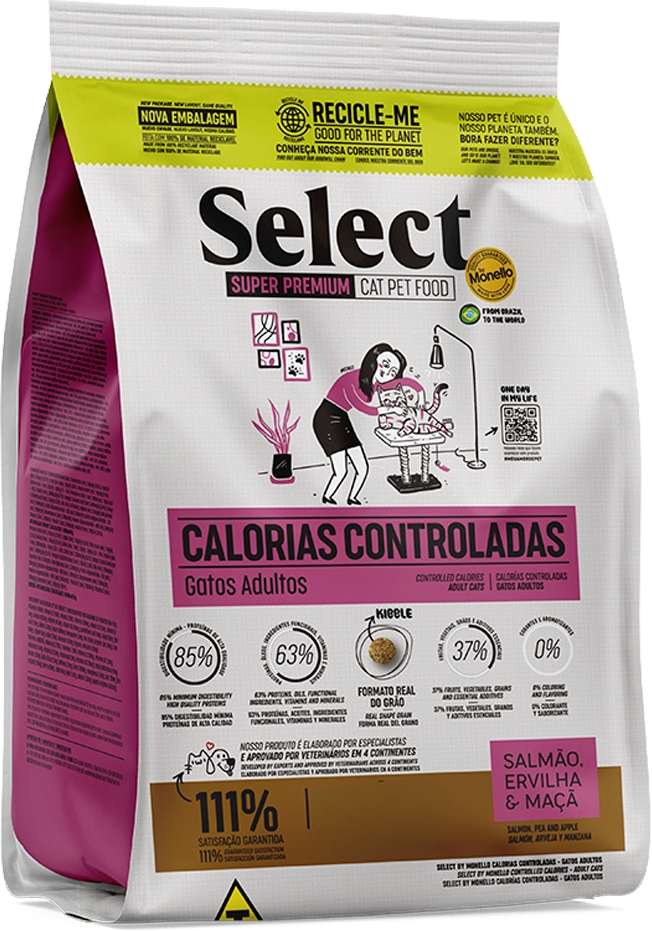 Ração Seca Select by Monello Calorias Controladas Salmão, Ervilha e Maçã para Gatos