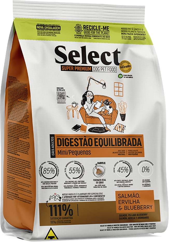 Ração Seca Select by Monello Digestão Equilibrada Salmão, Ervilha e Blueberry para Cães Porte Mini e Pequeno