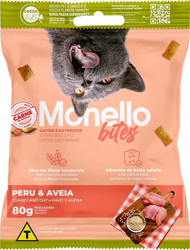 Petisco Mon Bites Monello Funcional para Gatos Castrados sabor Peru e Aveia