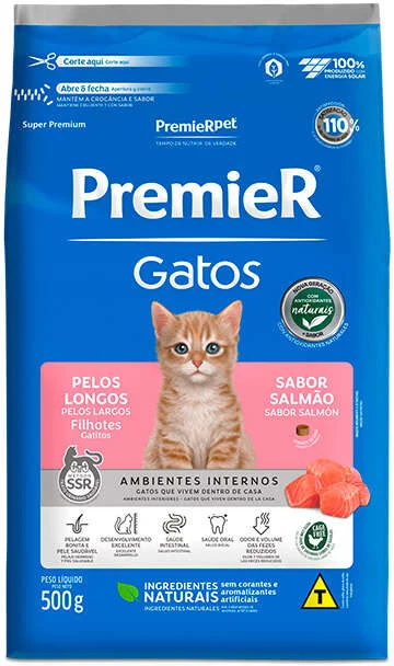 PremieR Ambientes Internos para Gatos Pelos Longos Filhotes Sabor Salmão 500g