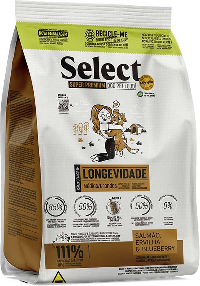 Ração Seca Select by Monello Longevidade Salmão, Ervilha e Blueberry para Cães Porte Médio Grande