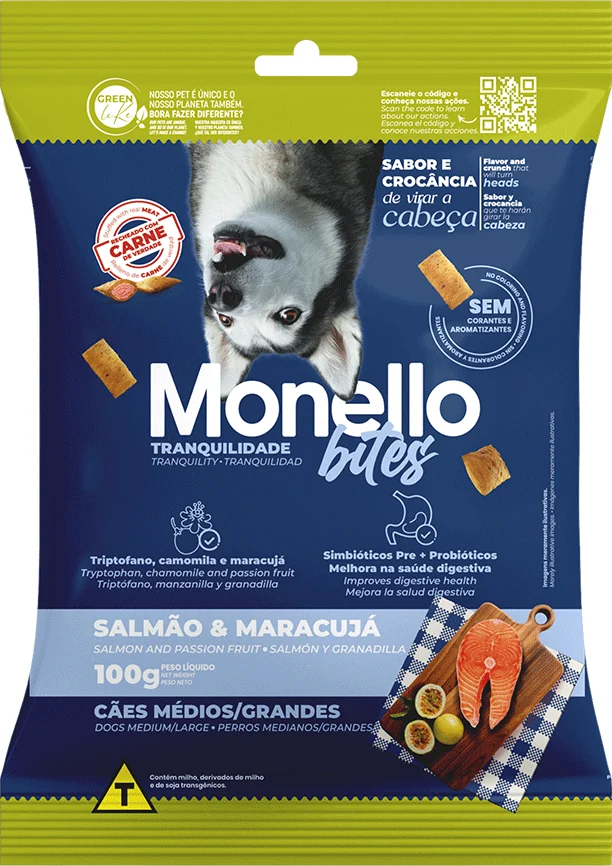 Petisco Mon Bites Monello Tranquilidade para Cães Adultos Raças Média e Grande sabor Salmão e Maracujá