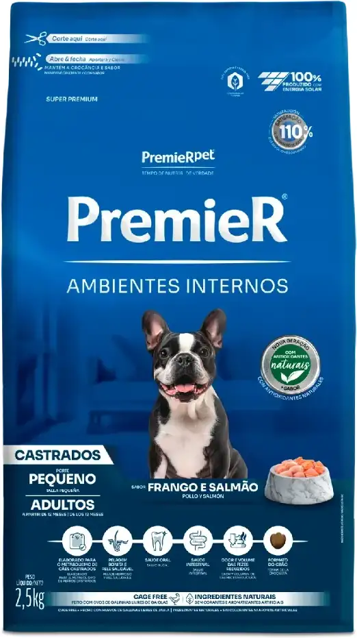 PremieR Ambientes Internos para Cães Adultos Castrados Porte Pequeno Sabor Frango e Salmão 2,5kg