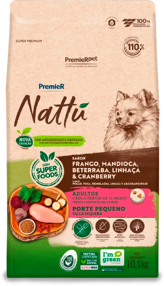 PremieR Nattu para Cães Adultos Porte Pequeno Sabor Frango, Mandioca, Beterraba, Linhaça e Cranberry 10,1kg