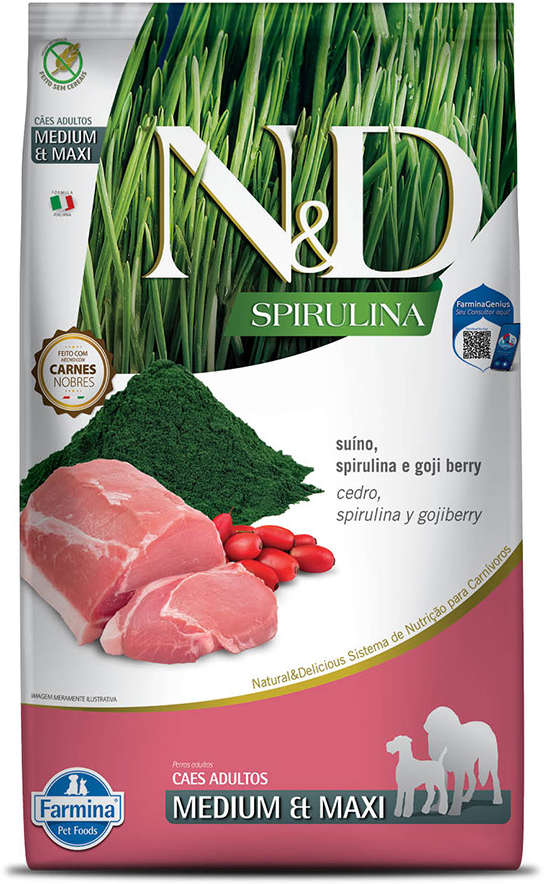 Ração Farmina N&D Spirulina para Cães Filhotes Porte Medio e Grande Sabor Suíno, Spirulina e Goji Berry Puppy Medium & Maxi