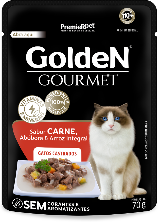 GoldeN Gourmet para Gatos Castrados Sabor Carne, Abóbora e Arroz Integral 70g