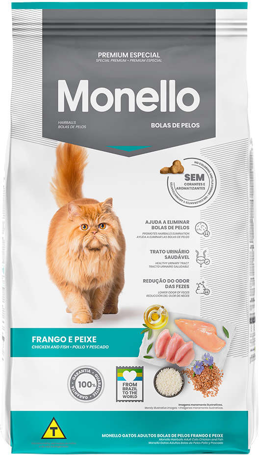 Ração Seca Monello Frango e Peixe Bolas de Pelos para Gatos Adultos