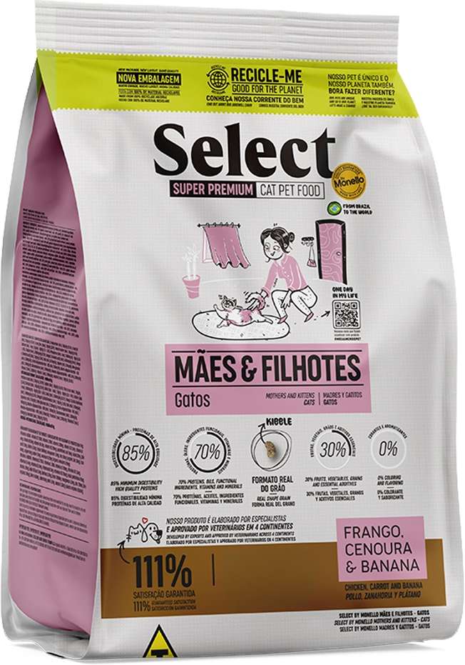 Ração Seca Select by Monello Mães e Filhotes Frango, Cenoura e Banana para Gatos