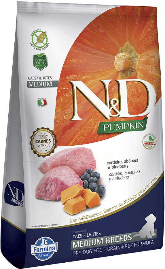 N&D Pumpkin para Cães Filhotes Porte Medio Sabor Cordeiro, abóbora e blueberry Puppy Medium 2,5kg