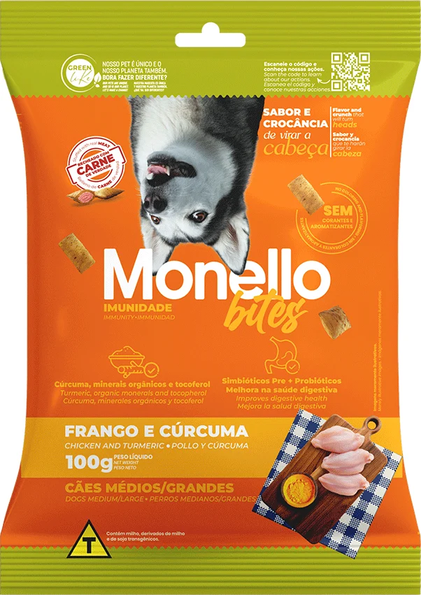 Petisco Mon Bites Monello Imunidade para Cães Adultos Raças Média e Grande sabor Frango e Cúrcuma