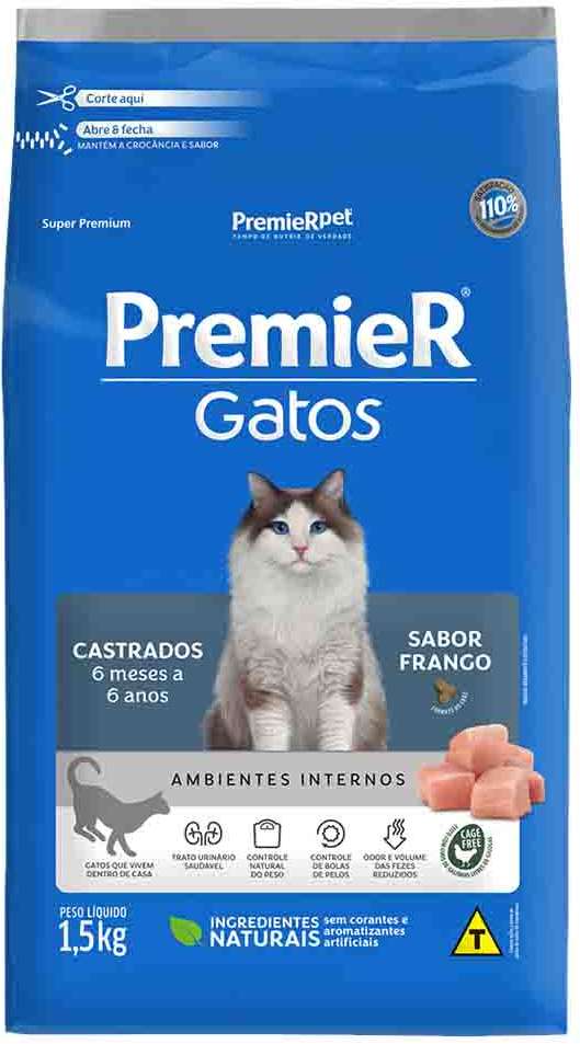 PremieR Ambientes Internos para Gatos Castrados Sabor Frango 1,5kg