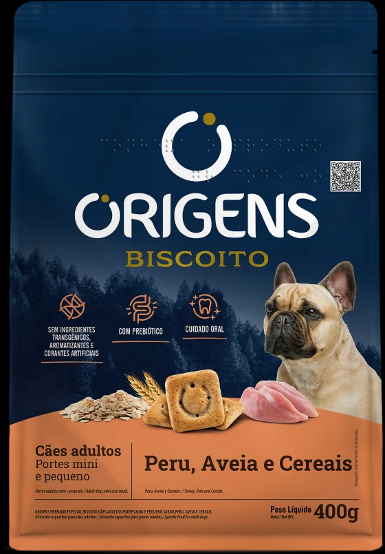 Biscoito Origens para Cães Adultos de Porte Mini e Pequeno Sabor Peru, Aveia e Cereais