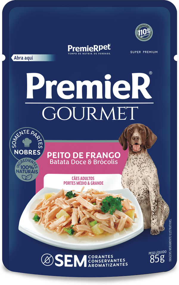 PremieR Gourmet para Cães Adultos Portes Médio e Grande Sabor Peito de Frango Batata Doce e Brócolis 85g