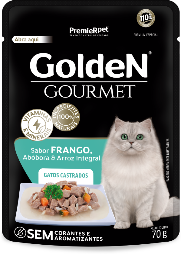GoldeN Gourmet para Gatos Castrados Sabor Frango, Abóbora e Arroz Integral 70g
