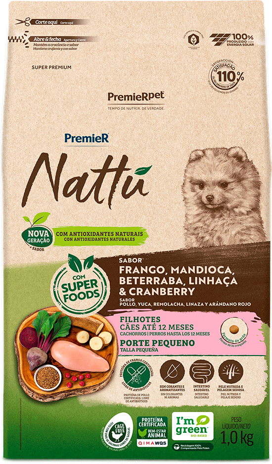 PremieR Nattu para Cães para Filhotes Porte Pequeno Sabor Frango, Mandioca, Beterraba, Linhaça e Cranberry 1kg